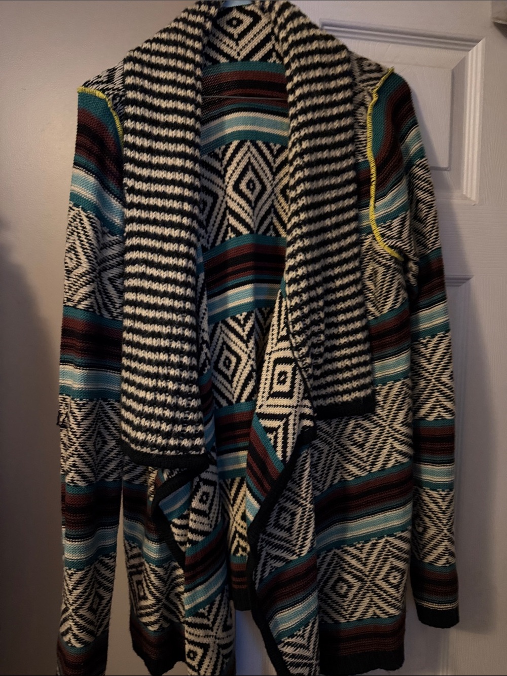 Maurices Black White Teal Brown Striped Aztec Open-Front Cardigan